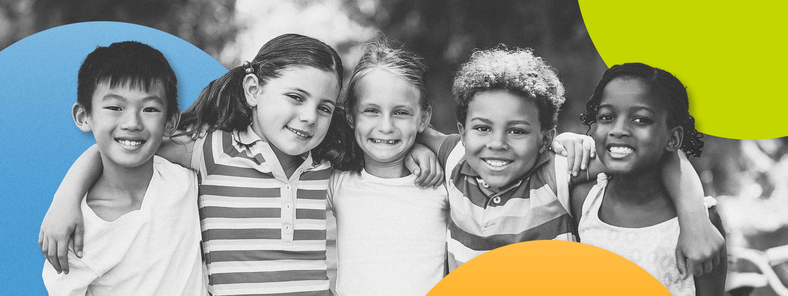 Black and white photo of children with blue, orange, and green circles behind them