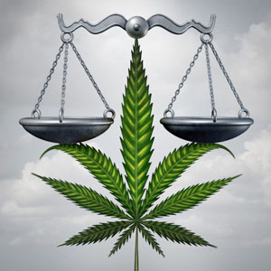 justice scales with cannabis plant